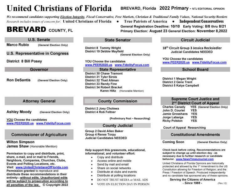 2022 Voter Guide Sample Ballot Election United Christians of Florida