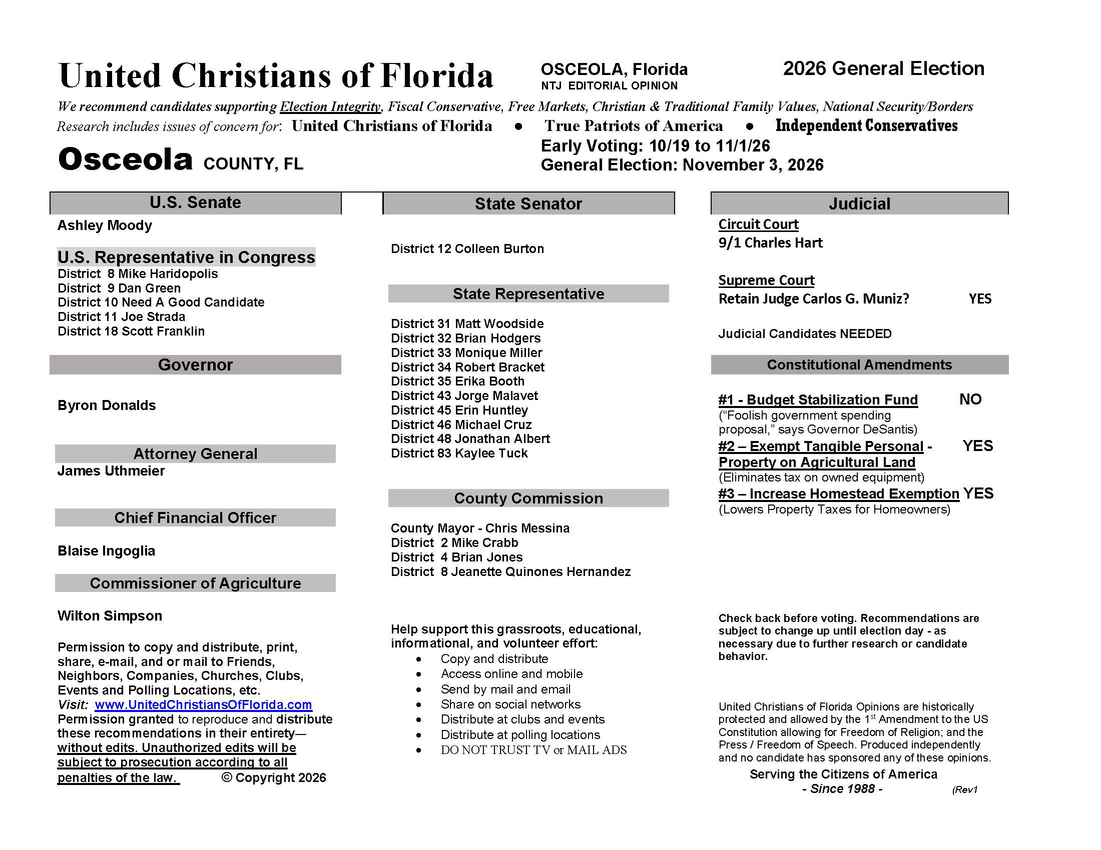 Osceola County General Election Voter Recommendation Guide 2026