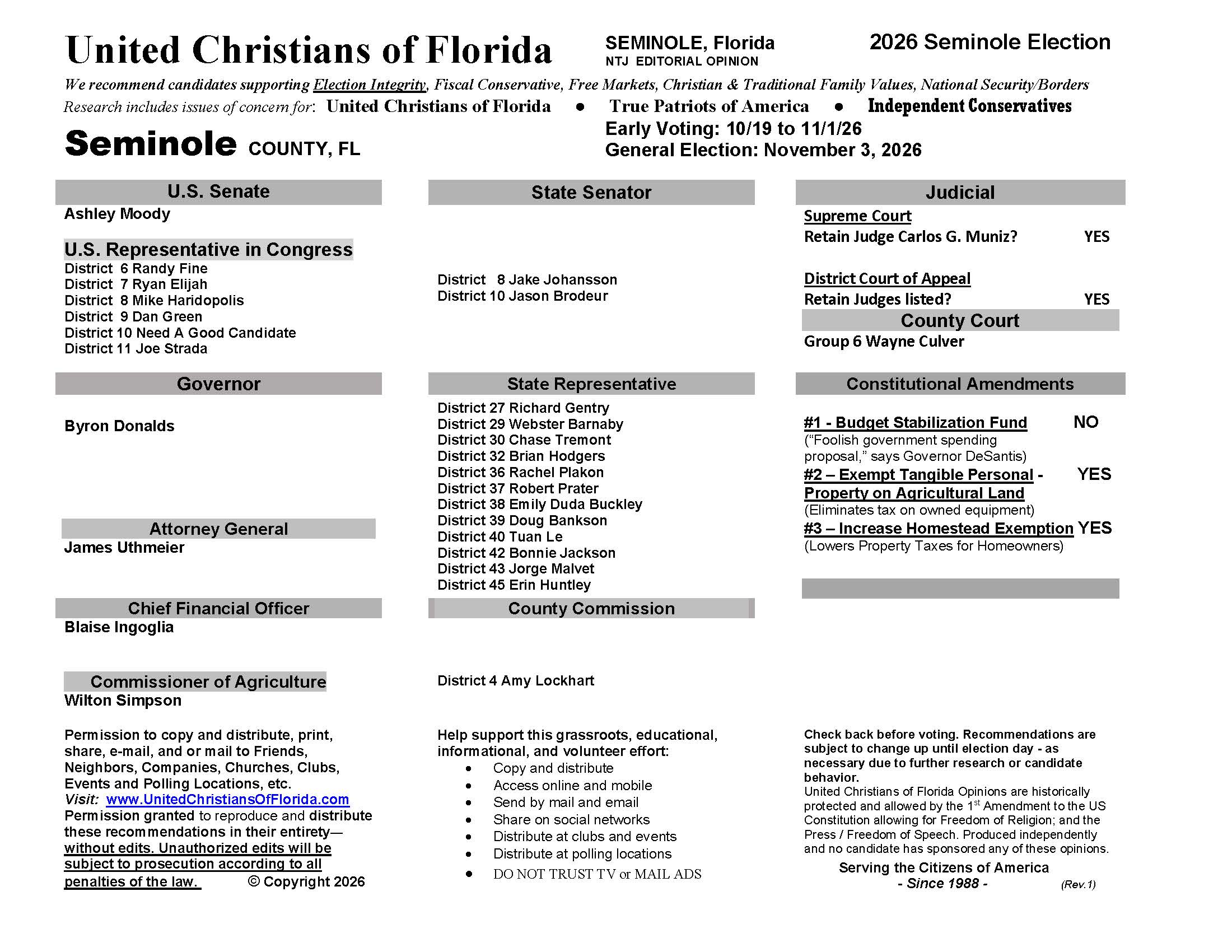 Seminole County Florida General Election Voter Guide 2026